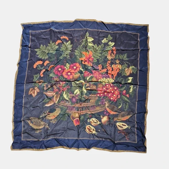 Vintage Valentino Silk Floral Fruit Bird Square Scarf 33" x 33" Botanical Luxury - Picture 2 of 8